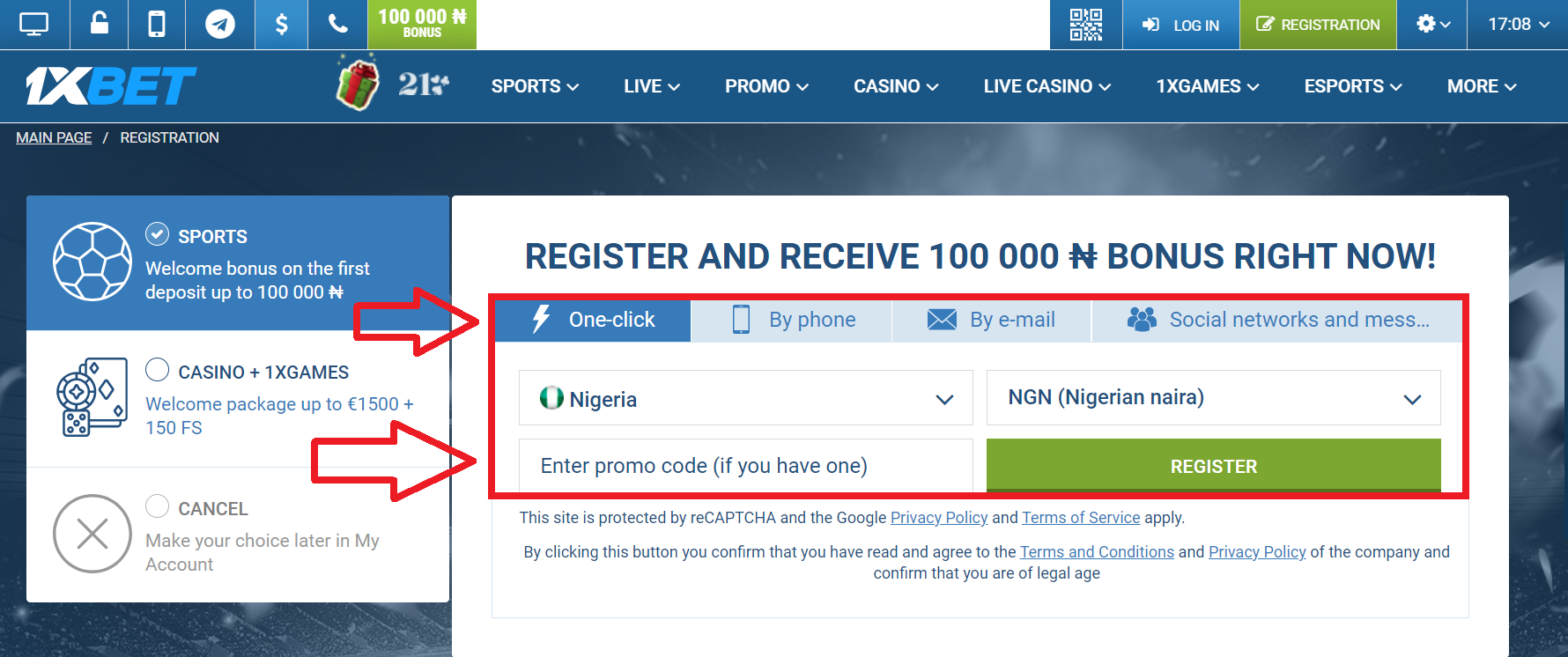 1xBet registration process by phone number