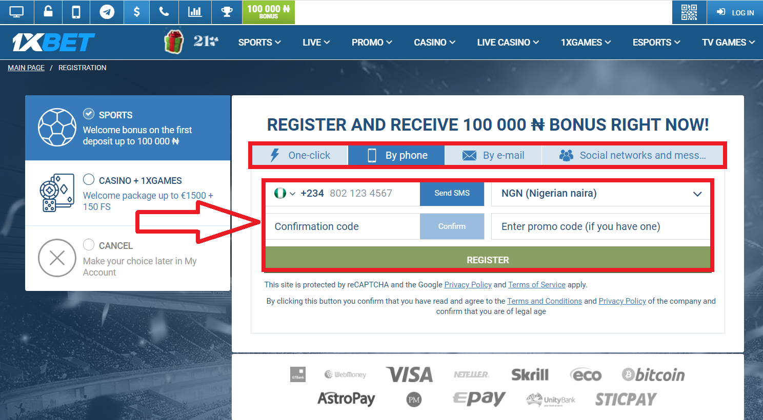 1xBet registration promo through social networks and instant messengers